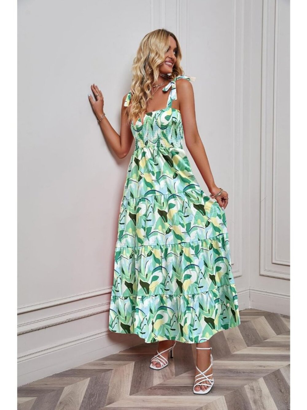 Women's Green Floral Sleeveless Square Neck Ruffle Flowy Imported Maxi Dress - Picture 5 of 5